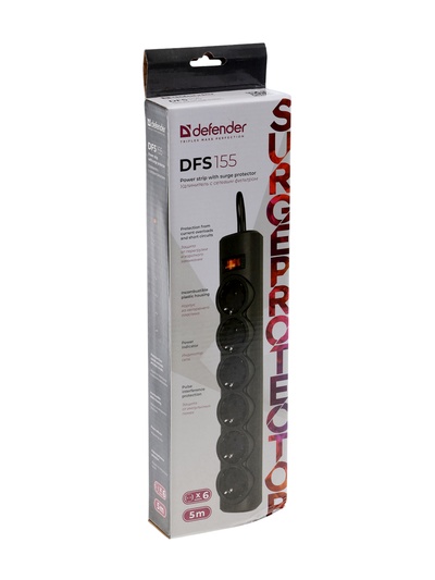 УЦЕНКА Удлинитель с сетевым фильтром DFS 155 5 м, черный, 6 розеток DEFENDER
