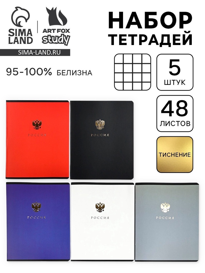 Тетради в клетку, 48 л., набор из 5 шт., блок №1 «Патриотизм» - Фото 1