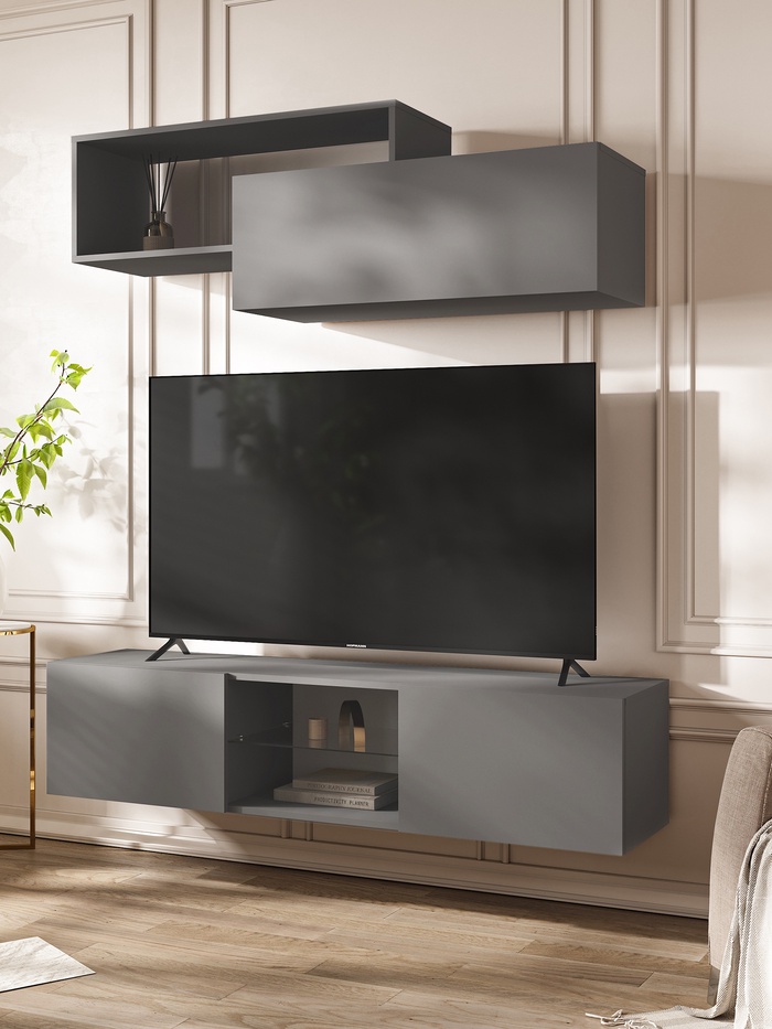 Гостиная «Норд», тумба 1500×350×330 мм, полка 1388×350×460 мм, цвет графит/графит - Фото 1