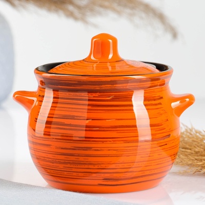УЦЕНКА Горшок керамический для запекания «Пиканто» 0.65 л / 12.5×11.5 см, оранжевая полоска, без крышки