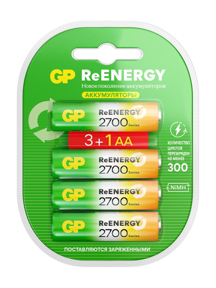 Аккумулятор GP, Ni-Mh, AA, HR 6-4BL, 1.2 В, 2700 мАч, блистер, 4 шт. - Фото 1