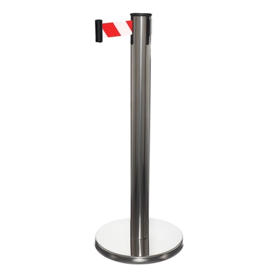 УЦЕНКА Стойка ограждения сер с вытяжной лентой-280 см КРАСН-БЕЛ, высота-90 см, d=6 см, напольный d=32 см