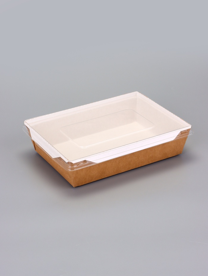 Контейнер - салатник, 1 л, крафт, с плоской прозрачной крышкой, 20×14×5.5 см - Фото 1