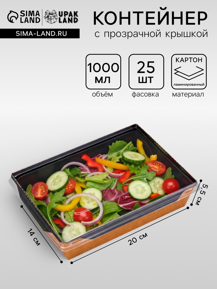Салатник одноразовый, контейнер с плоской прозрачной крышкой, чёрный, 1 л, 20×14×5.5 см - Фото 1