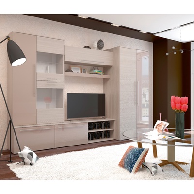 Гостиная «Монако», 3000×574×2000 мм, цвет ясень шимо светлый/капучино МДФ