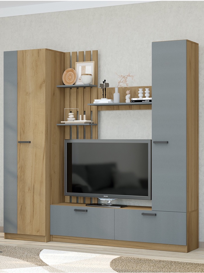 Гостиная «Юджи», 2300×470×2100 мм, цвет дуб крафт золотой/графит - Фото 1