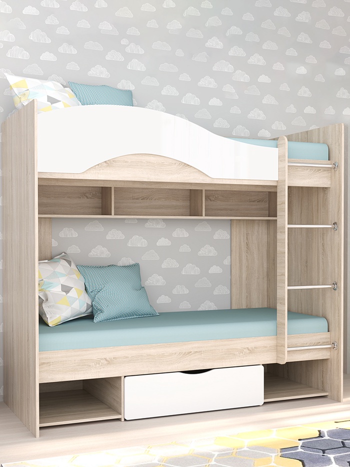 Кровать двухъярусная «Галактика», 1932×950×1760 мм, цвет дуб сонома/белый глянец - Фото 1