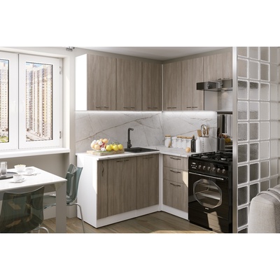 Кухонный гарнитур угловой «Фьюджи мега прайм», 1600×1700 мм, цвет кашемир/джарра/белый