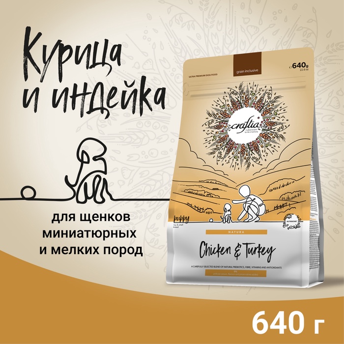 Сухой корм CRAFTIA NATURA для щенков миниатюрных и мелких пород из курицы и индейки 640 г - Фото 1