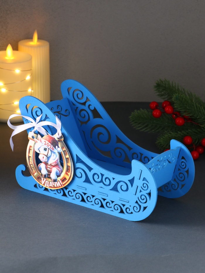 Деревянная шкатулка подарочная «Сани», с магнитом, подставка, 23×10×14 см, синий - Фото 1