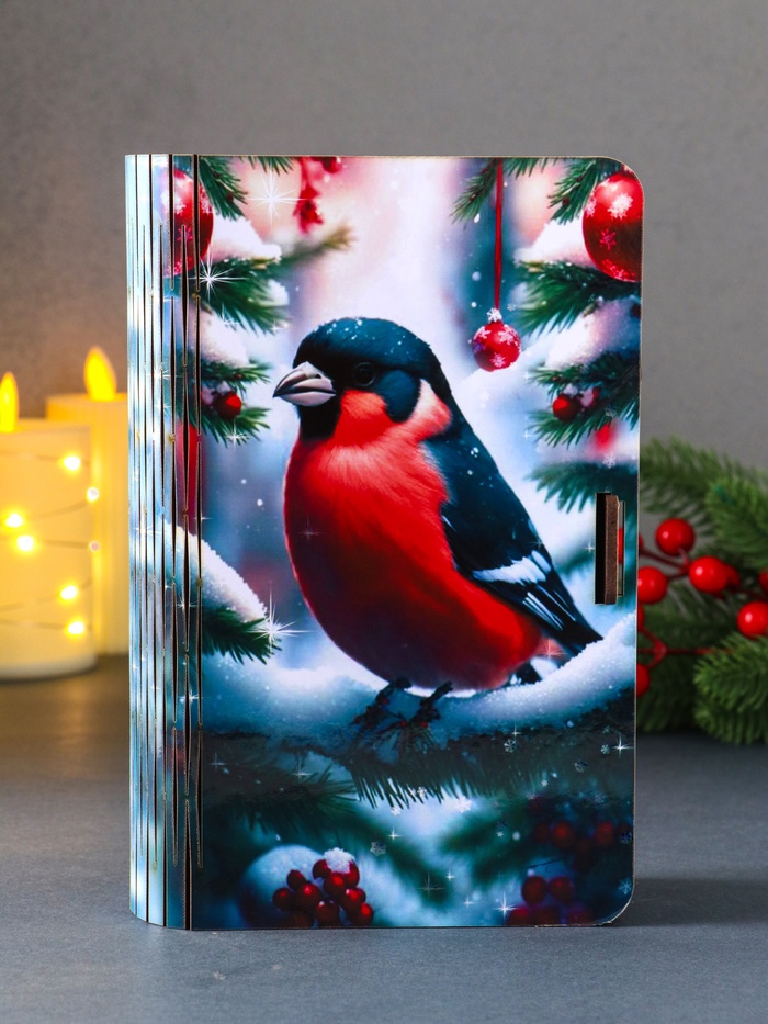 Новогодняя деревянная шкатулка-книга «Снегирь на ёлке», для подарков, 19×13×5 см - Фото 1