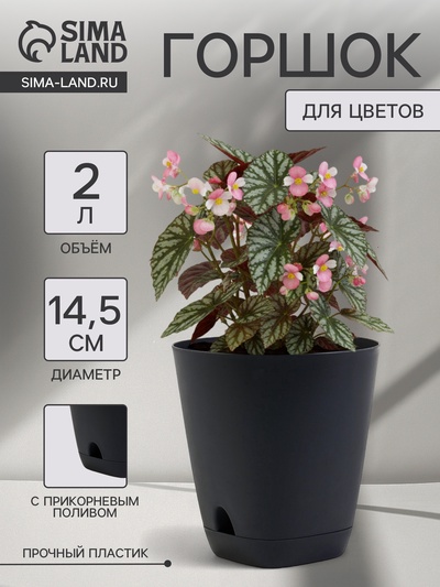 Горшок для цветов «Гранд», 2 л, d=14.5 см, h=15 см, пластиковый, с прикорневым поливом, графитовый