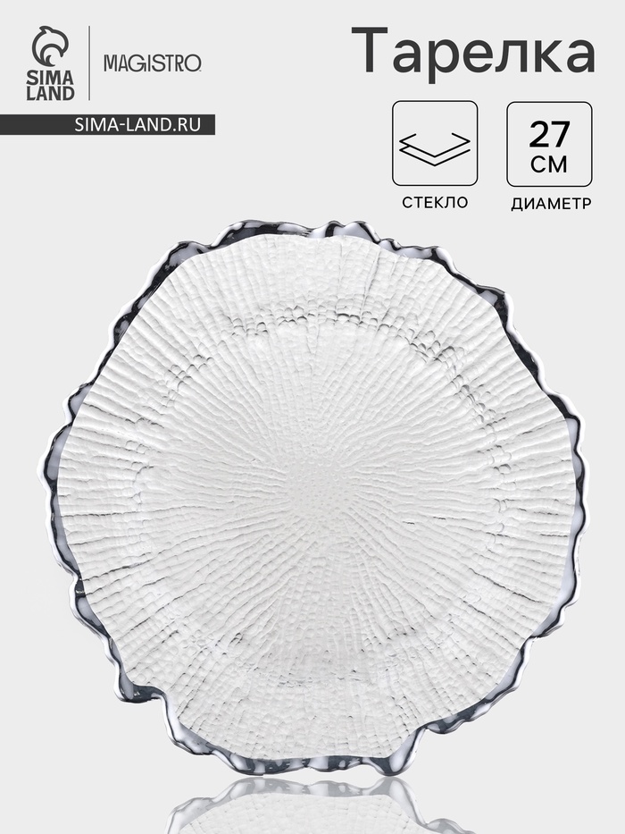 Тарелка Magistro «Сияние», d=27 см, серебристая отводка, стекло, прозрачная - Фото 1