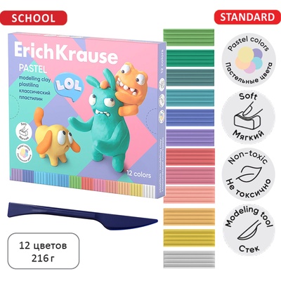 УЦЕНКА Пластилин классический 12цв 216г ErichKrause Jolly Friends Pastel со стеком (в коробке 12шт)1