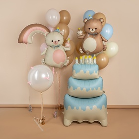 Воздушный шар фольгированный 39" «Мишка с тортом», матовый (комплект 2 шт)