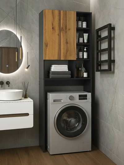 Стеллаж напольный «Комфорт» №2, над стиральной машиной, 640×250×1700 мм, цвет графит/дуб золотой