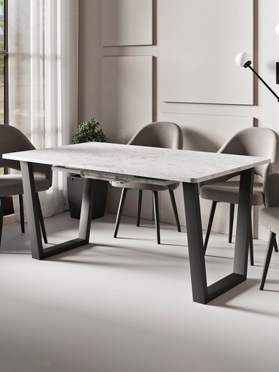 Стол раздвижной «НОРМАНД 09», d=1620(2220)×950 мм, цвет мрамор белый/чёрный матовый