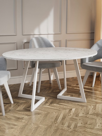 Стол "ОЛСЕН" раздвижной, D-1500/1950×1050, мрамор белый, белый матовый