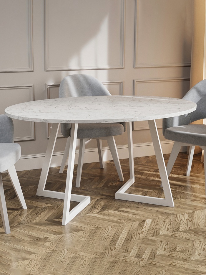 Стол "ОЛСЕН" раздвижной, D-1500/1950×1050, мрамор белый, белый матовый - Фото 1