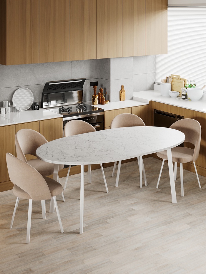 Стол "ОЛСЕН" раздвижной, D-1500/1950×1050, мрамор белый, опора "титан" белый матовый - Фото 1