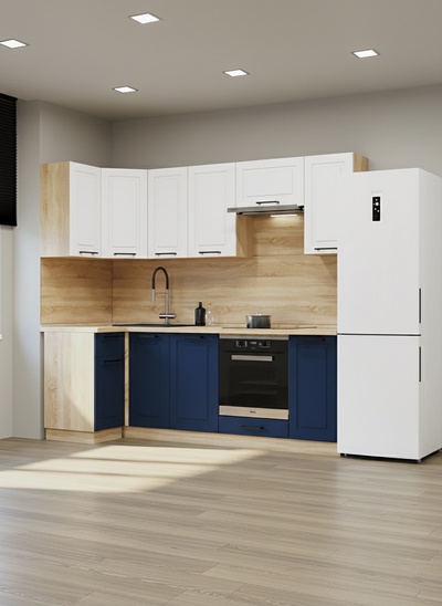 Кухонный гарнитур угловой «Аликанте 33», 1000×2450 мм, цвет океания/шарли белый