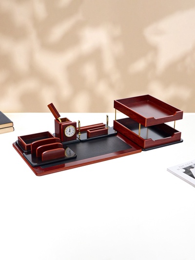 УЦЕНКА Набор настольный 7в1 (карандашница, подставка для ручек, визитница, часы, этажерка, ножницы канцелярские)