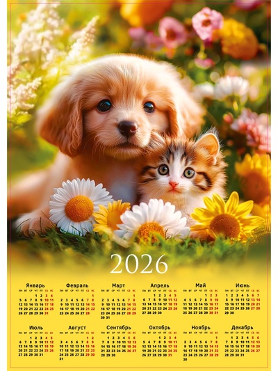 Календарь 2026 настенный «Щенок с котёнком», А2