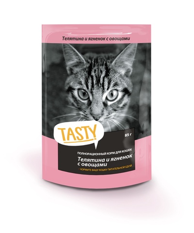 Tasty корм конс. д/кош. с телятиной, ягненком и овощами в желе, пауч, 85 г