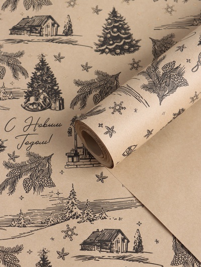 Бумага упаковочная новогодняя, крафт «Зимняя деревня», на буром 75 г/м² 0.7×10 м