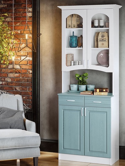 Буфет двухстворчатый «Констанция», с карнизом, 800×430×2250 мм, белый, белый матовый, голубой