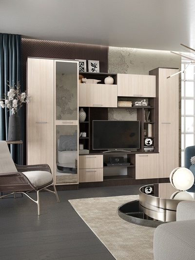 Гостиная «Флора», с зеркалом, 2700×560×2100 мм, цвет дуб беленый/венге