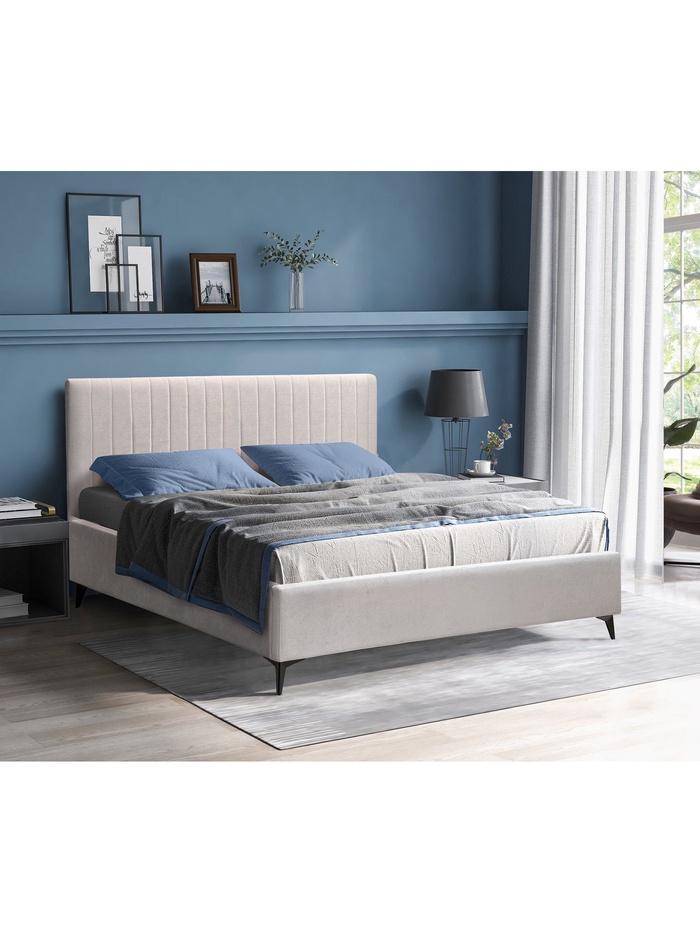 Кровать двуспальная «Фрейм СТРАЙП», с высокими ножками, спальное место 2000×2000 мм, ткань вивальди 14, цвет светло - серый - Фото 1