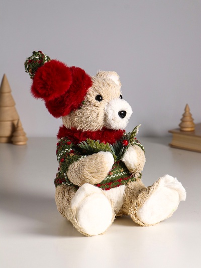 Фигурка «Медведь в свитере и колпаке, с еловой веткой», 16×15×27 см