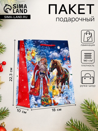 Пакет подарочный новогодний ламинированный, «Дед Мороз с Конём», 18×10×22.3 см