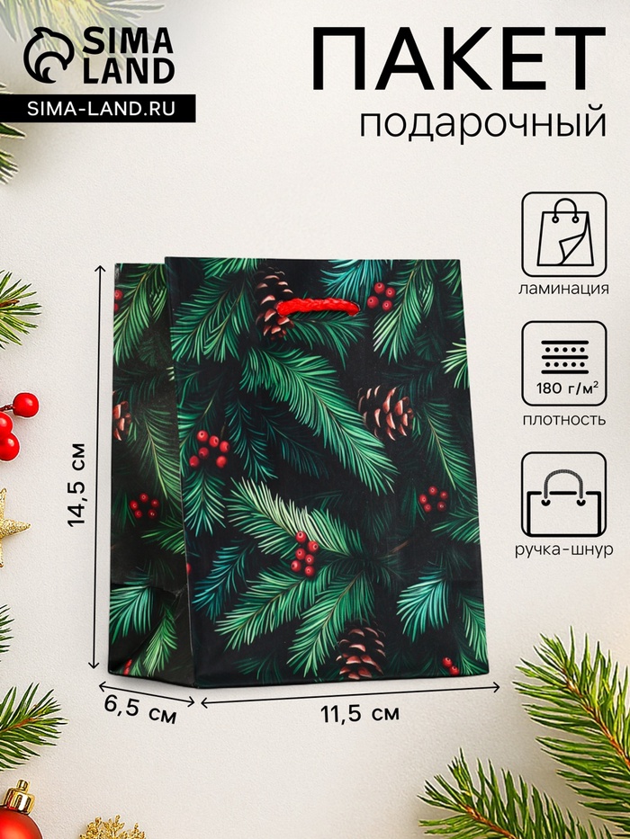 Пакет подарочный новогодний ламинированный, «Шишки», 11.5×6.5×14.5 см - Фото 1