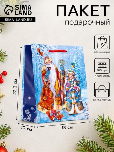 Пакет подарочный новогодний ламинированный, «Дед Мороз и Снегурочка», 18×10×22.3 см