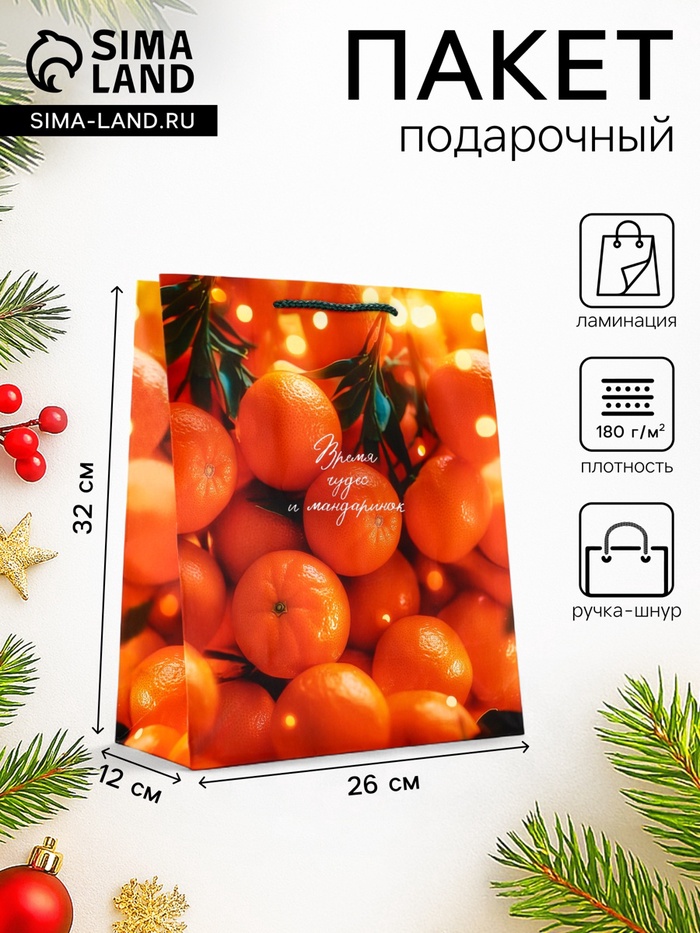 Пакет подарочный новогодний ламинированный, «Новогодние мандарины», 26×12×32 см - Фото 1