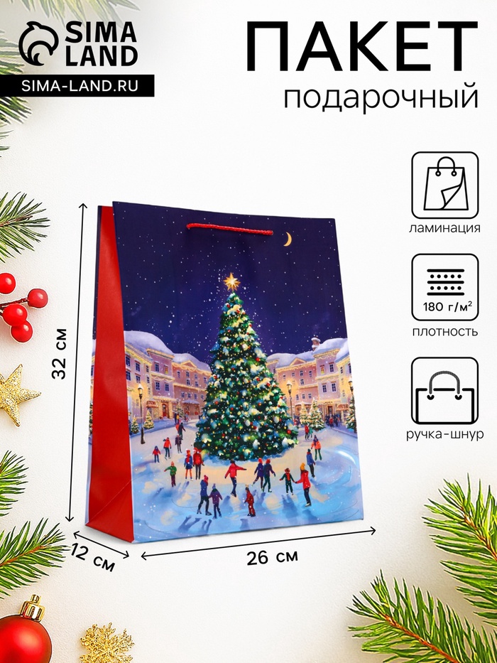 Пакет подарочный новогодний ламинированный, «Новогодний каток», 26×12×32 см - Фото 1