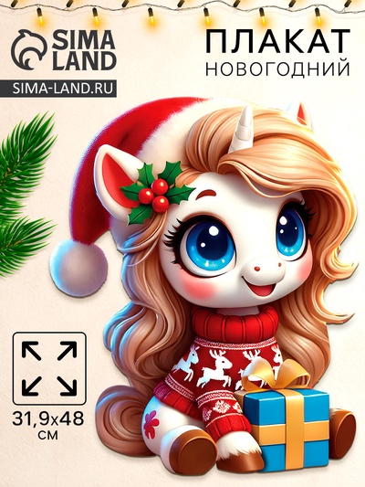 Плакат новогодний «С новым годом», лошадка с подарком, 39.1×48 см