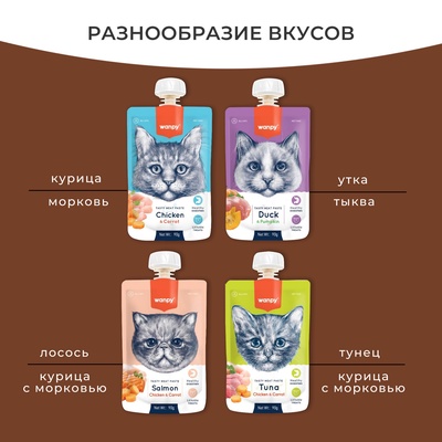 Wanpy Cat Лакомство для кошек Мясной мусс из лосося и курицы с морковью 90 г