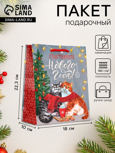 Пакет подарочный новогодний ламинированный «Счастливого нового года», 18×10×22.3 см