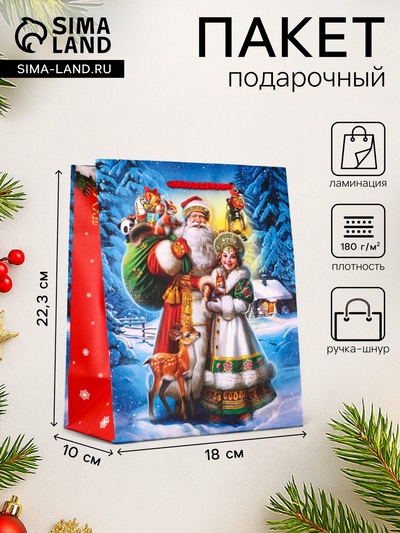 Пакет подарочный новогодний ламинированный, «Дед Мороз с подарками», 18×10×22.3 см