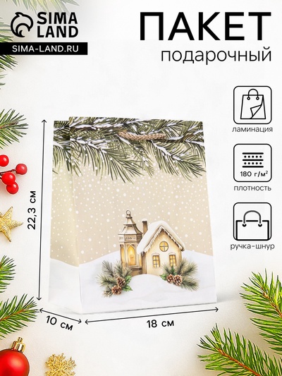 Пакет подарочный новогодний ламинированный, «Новогодний дом», 18×10×22.3 см