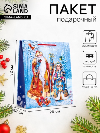 Пакет подарочный новогодний ламинированный, «Дед Мороз и снегурочка», 26×12×32 см