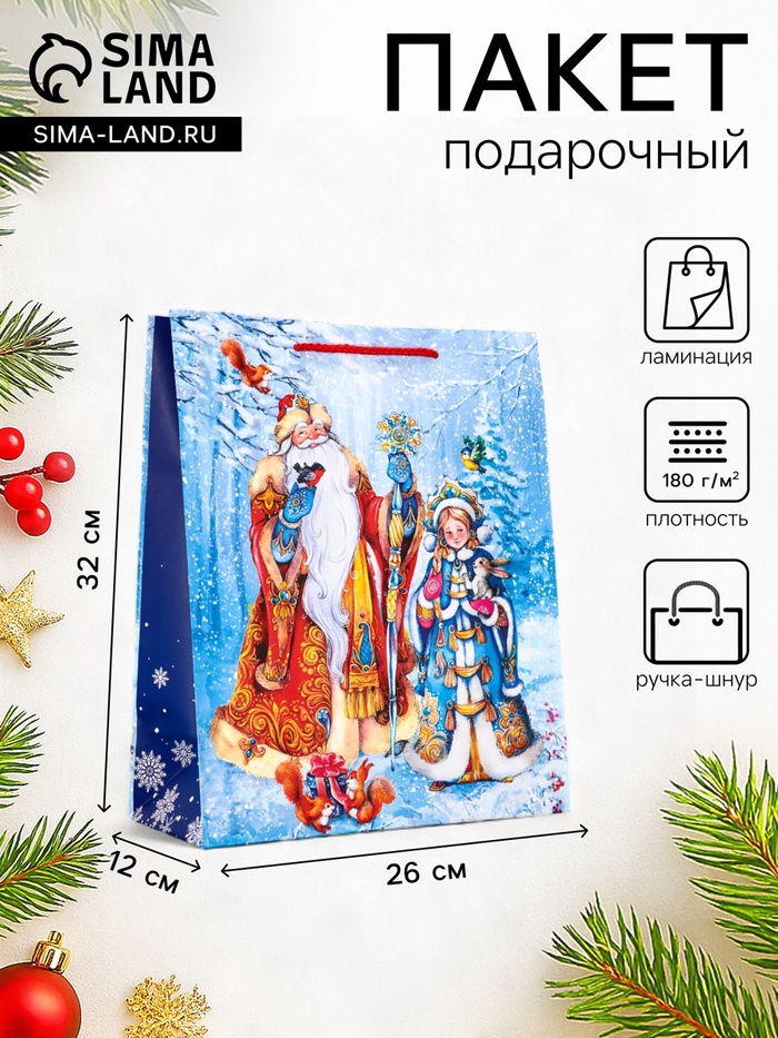 Пакет подарочный новогодний ламинированный, «Дед Мороз и снегурочка», 26×12×32 см - Фото 1