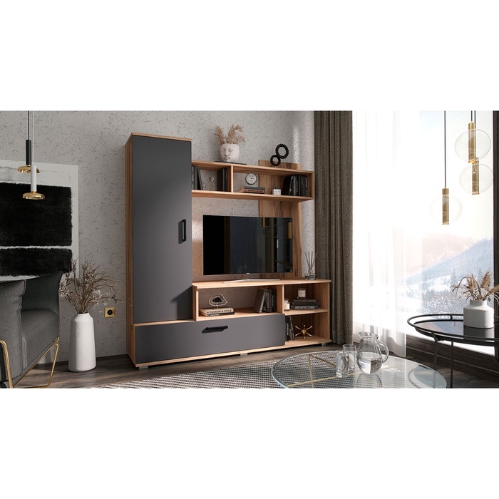 УЦЕНКА Гостиная Мини, 1500х440х1520, Графит/Дуб крафт - Фото 1