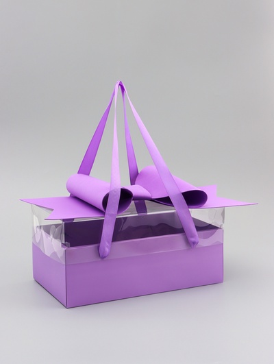 Коробка подарочная с бантом, ручками и прозрачной крышкой, сиреневая, 35×21×15 см