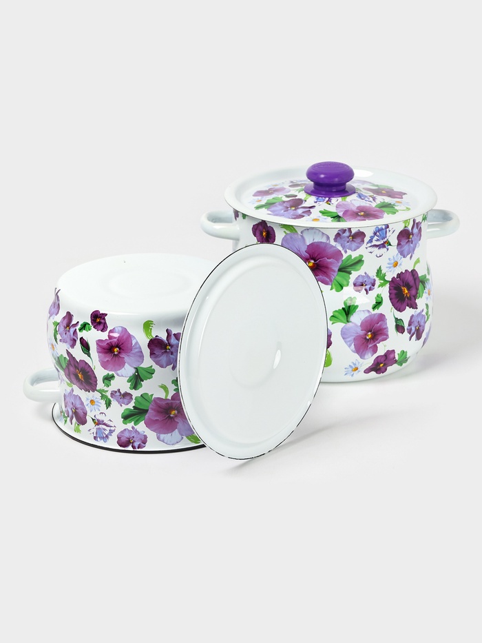 УЦЕНКА Набор эмалированных кастрюль «Анютины глазки», 2 шт.: 5.5 л, 5.5 л, белый - Фото 1