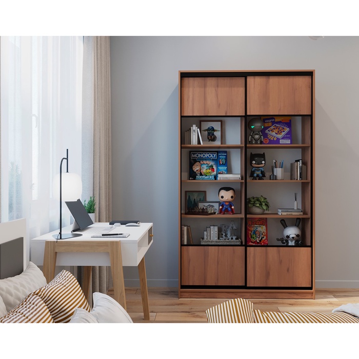 Библиотека – купе HOBBY, 1500×450×2100 мм, цвет дуб табачный/белый шёлк