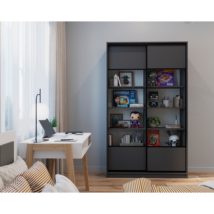 Библиотека – купе HOBBY, 1250×450×2100 мм, цвет тёмно – серый/белый шёлк